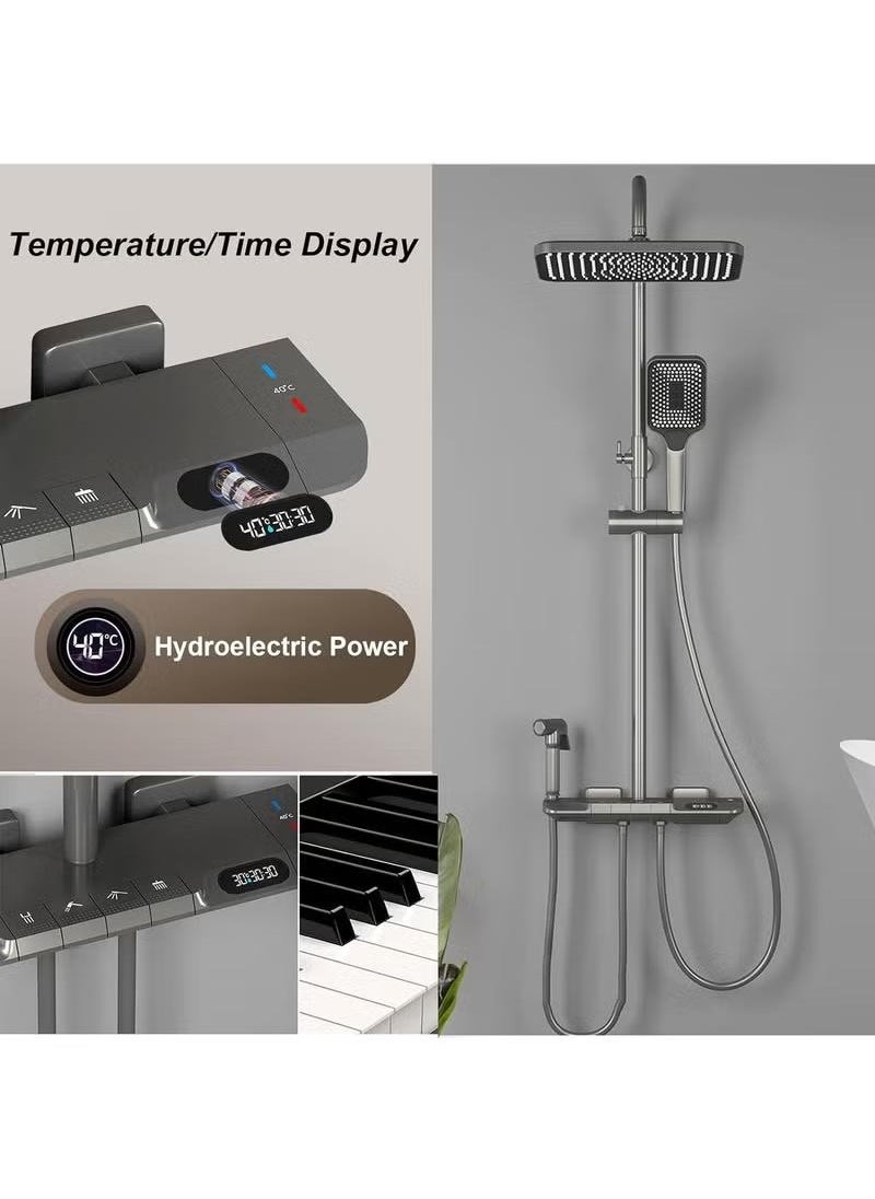 XiuWoo - Shower System Thermostatic 4-Function LED Digital Display Piano Key Wall-Mounted Shower Set with 12-Inch Overhead Shower Hand Showers Waterfall Tub Faucets and Bidet Sprayers Dark Grey - Image 1