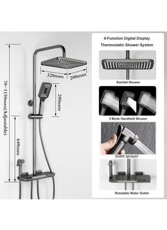 XiuWoo Shower System Thermostatic 4-Function LED Digital Display Piano Key Wall-Mounted Shower Set with 12-Inch Overhead Shower Hand Showers Waterfall Tub Faucets and Bidet Sprayers Dark Grey  - Image 5