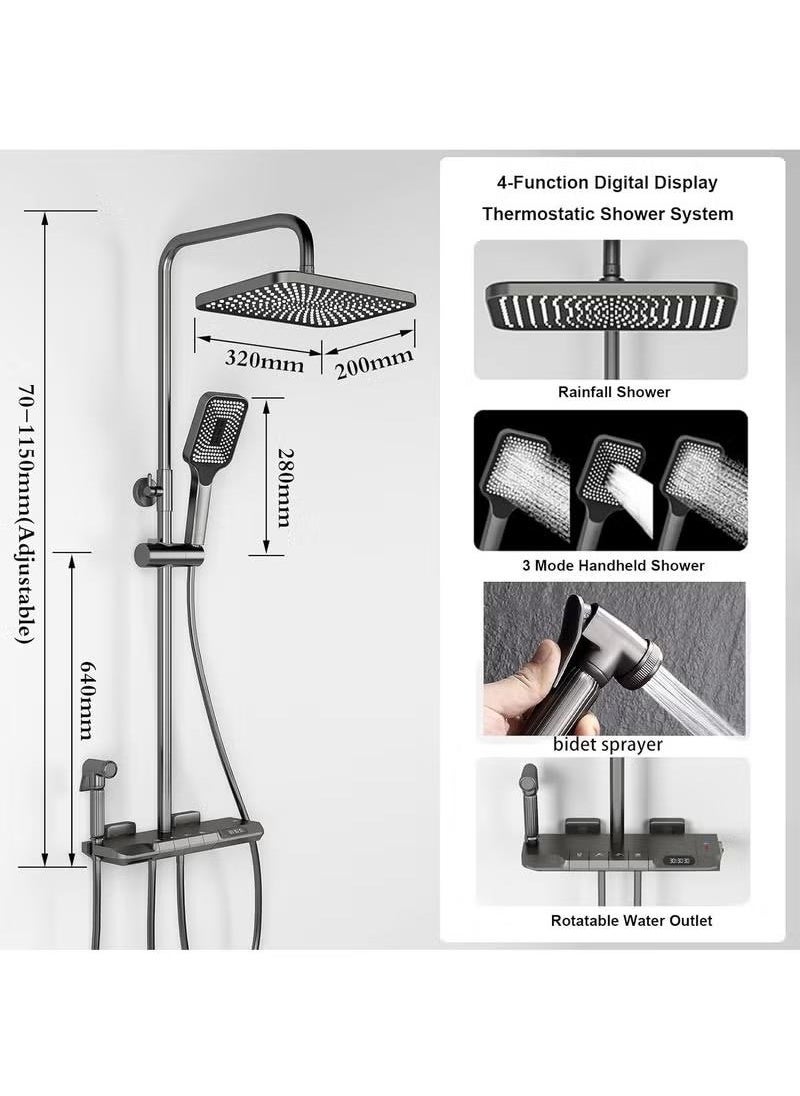 XiuWoo - Shower System Thermostatic 4-Function LED Digital Display Piano Key Wall-Mounted Shower Set with 12-Inch Overhead Shower Hand Showers Waterfall Tub Faucets and Bidet Sprayers Dark Grey - Image 1