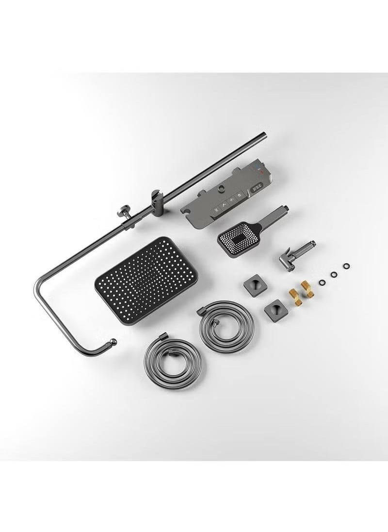 XiuWoo - Shower System Thermostatic 4-Function LED Digital Display Piano Key Wall-Mounted Shower Set with 12-Inch Overhead Shower Hand Showers Waterfall Tub Faucets and Bidet Sprayers Dark Grey - Image 1