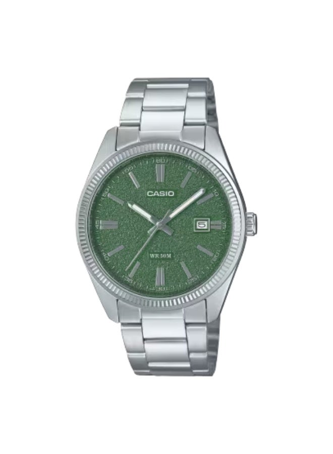 Casio Men’s Analog Quartz Watch MTP-1302DA-3AVDF Green Sunburst Dial Stainless Steel Bracelet Date Display Everyday Dress Watch