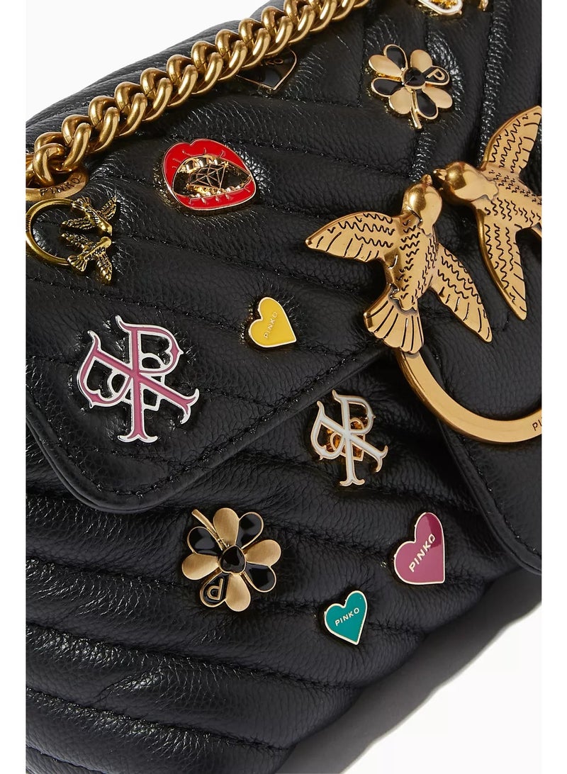 PINKO Women's Black Leather Shoulder & Crossbody Bag – Love Birds Buckle with Decorative Charm Design - Image 4
