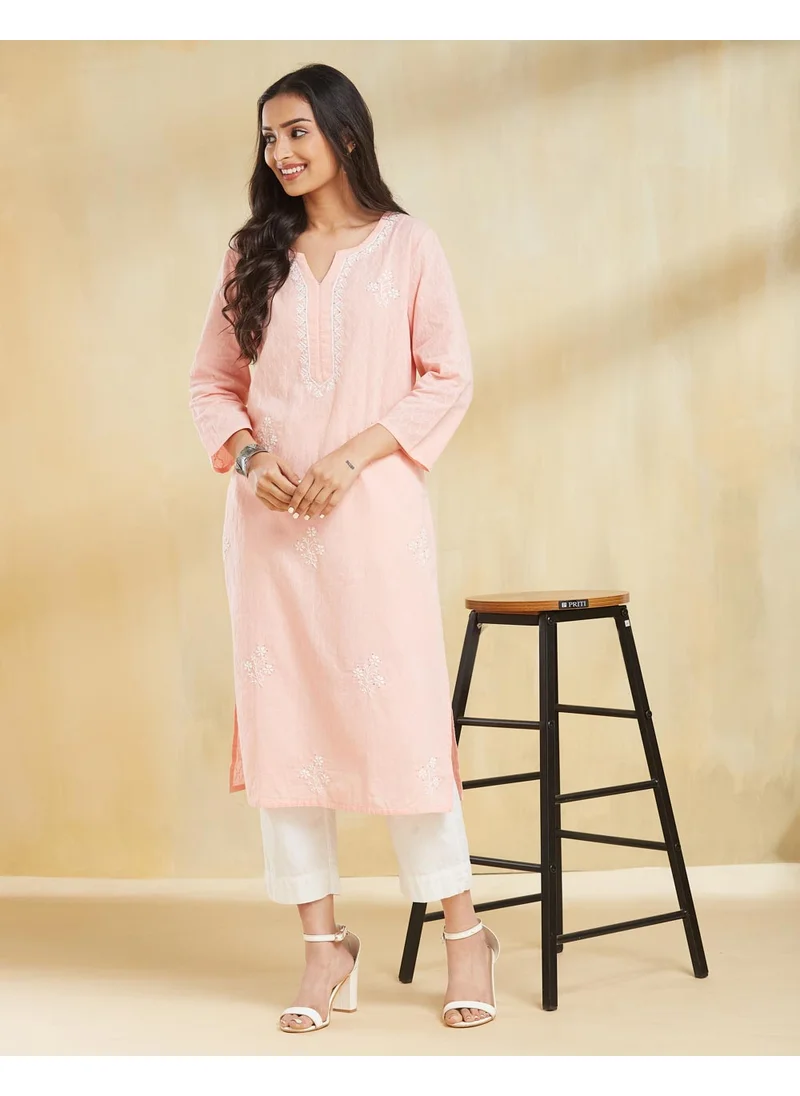 فاب انديا Pink Cotton Chikankari Long Kurta