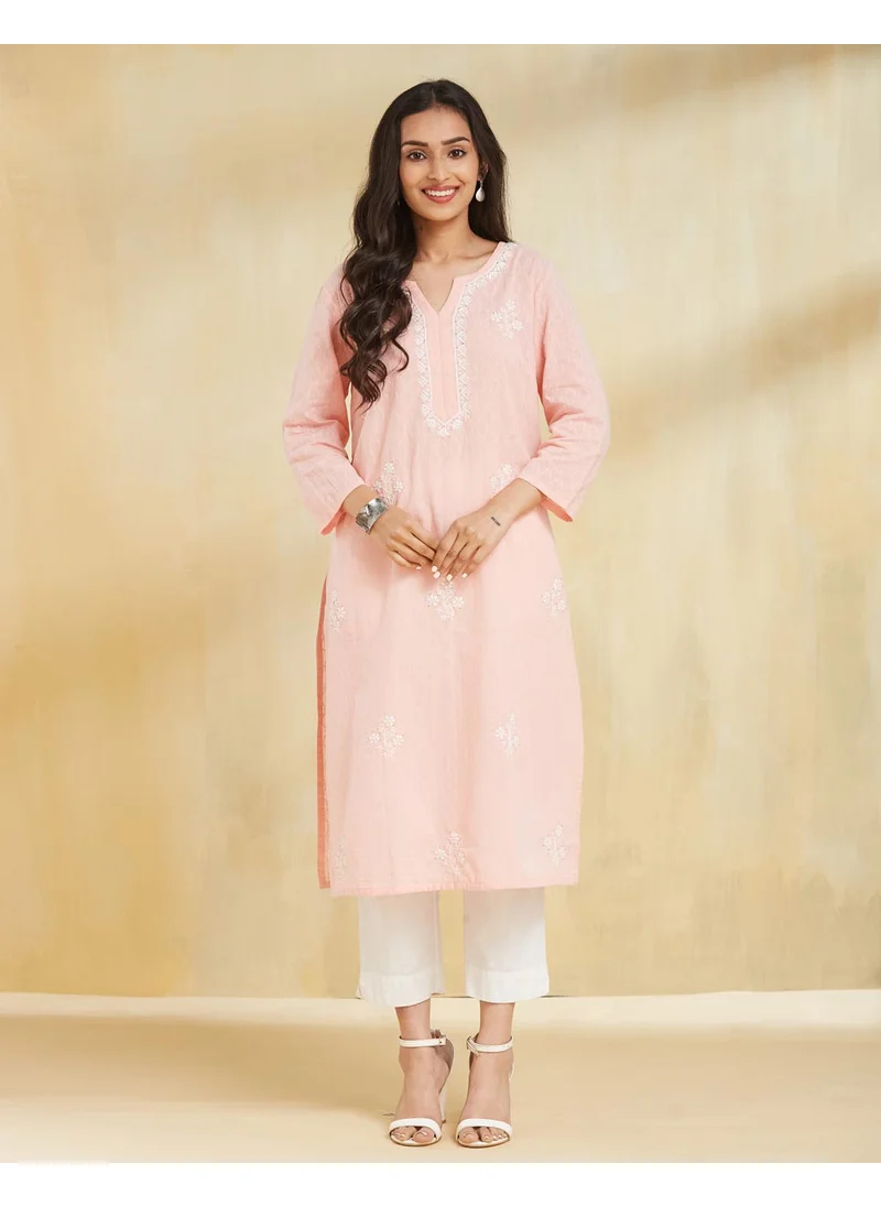 Fabindia Pink Cotton Chikankari Long Kurta