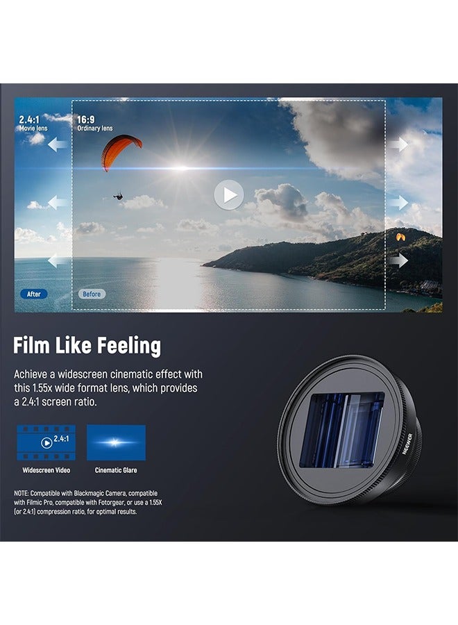 NEEWER PRO 1.55x Anamorphic Phone Lens with Blue Flare, 17mm Lens Clamp and 72mm Lens Filter Adapter Ring, Compatible with iPhone Samsung, Cinematic Wide Screen and Pro Video Effects, LS-43 PRO - Image 2