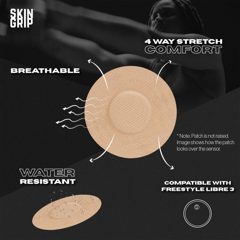 Skin Grip Freestyle Libre 3 Sensor Covers-Waterproof & Sweatproof Adhesive Patches for 10-15 Days (Not for Libre2), Pre-Cut CGM Diabetic Sensors Cover, Compatible with Instinct Sensors- 20 Pack, Tan - Image 2