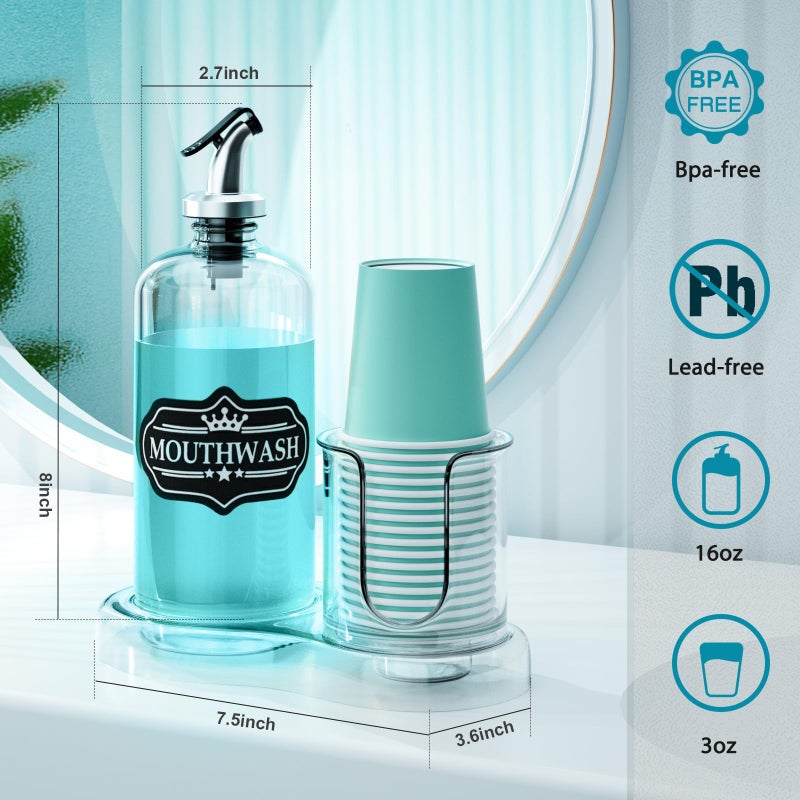 BYAWAY Mouthwash Dispenser for Bathroom with Cup Holder Detachable Glass Mouthwash Container 16 Oz,Refillable Mouth Washer Dispenser for Countertop - Image 2