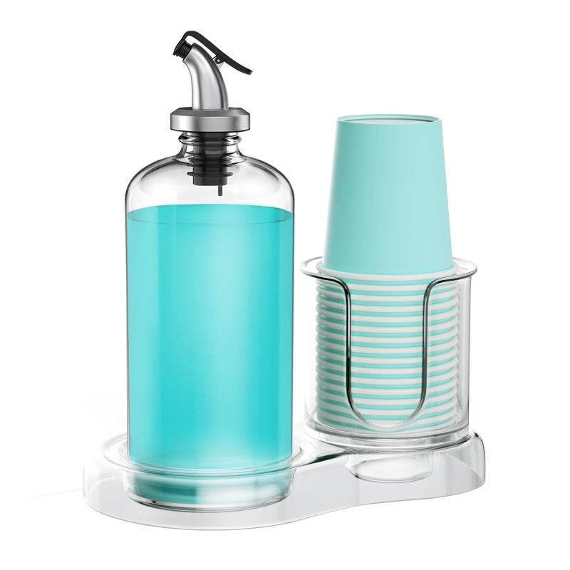 BYAWAY Mouthwash Dispenser for Bathroom with Cup Holder Detachable Glass Mouthwash Container 16 Oz,Refillable Mouth Washer Dispenser for Countertop - Image 1