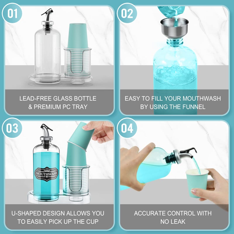 BYAWAY Mouthwash Dispenser for Bathroom with Cup Holder Detachable Glass Mouthwash Container 16 Oz,Refillable Mouth Washer Dispenser for Countertop - Image 4