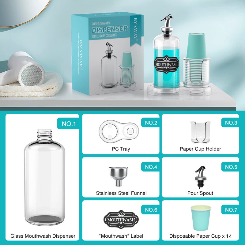 BYAWAY Mouthwash Dispenser for Bathroom with Cup Holder Detachable Glass Mouthwash Container 16 Oz,Refillable Mouth Washer Dispenser for Countertop - Image 3
