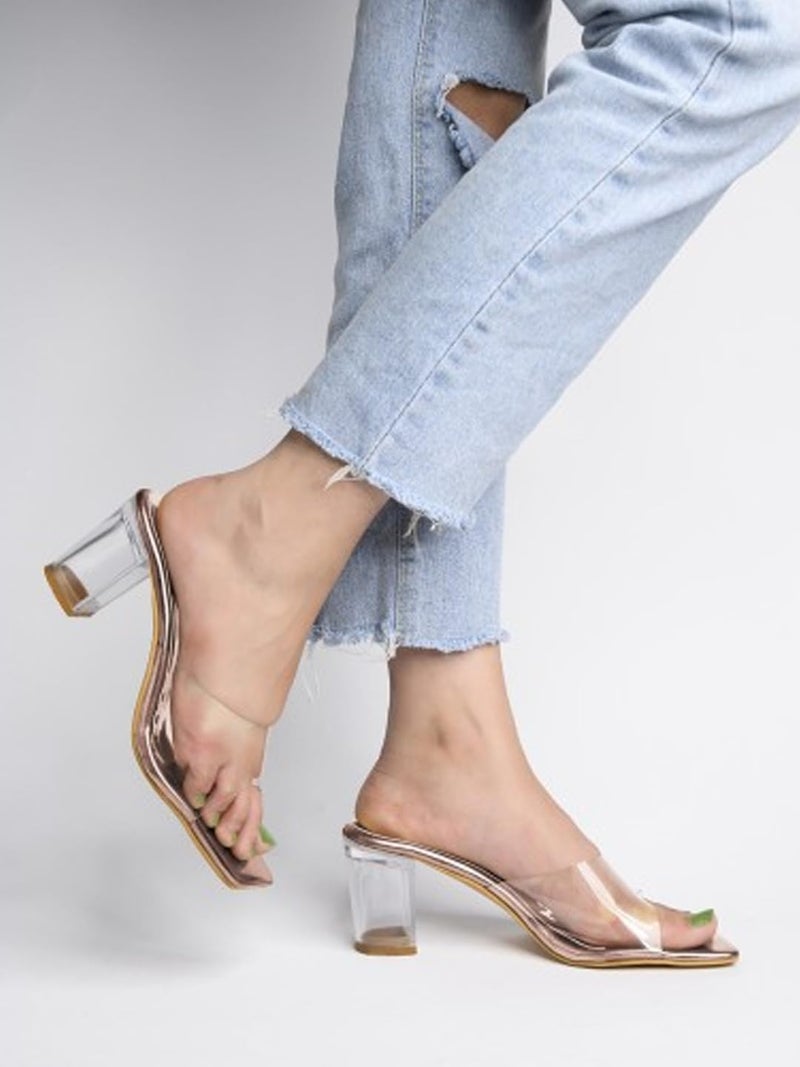 Shoetopia Women's Clear Block Heel Mules || Transparent Strap Slip-On Sandals || Open Toe Chunky Heels - Image 1