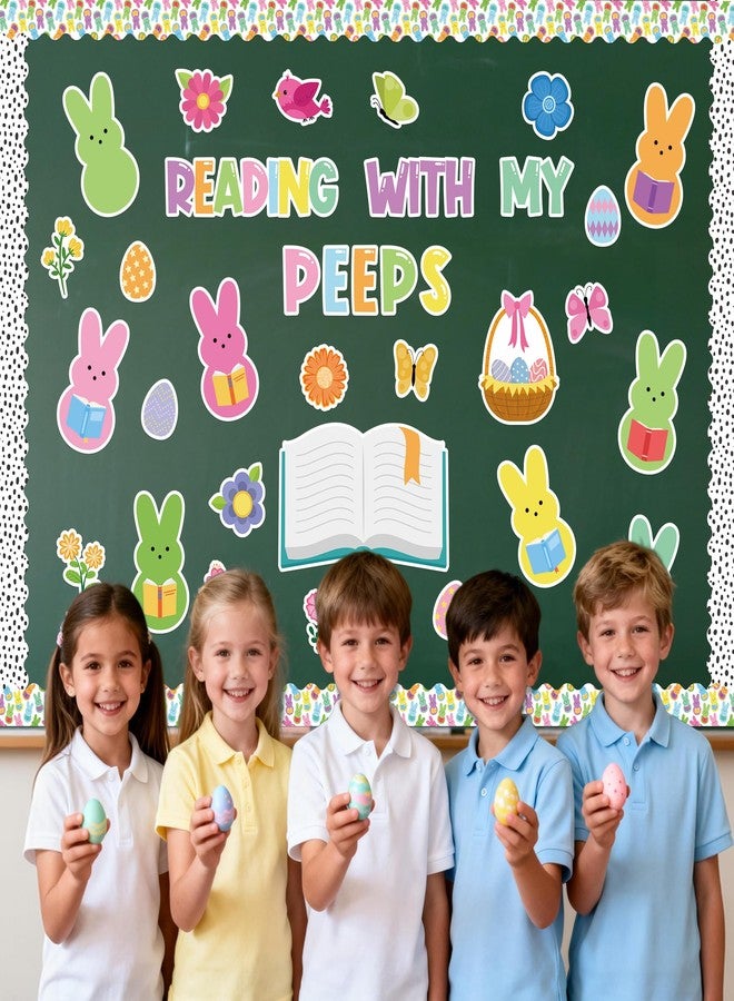 Yopyame 129Pcs Reading with My Peeps Easter Bulletin Board Set Easter Reading Peeps Bunny Book Butterfly Flowers Cutouts Bulletin Board Borders Trim Classroom Sunday School Chalkboard Wall Decoration - Image 4