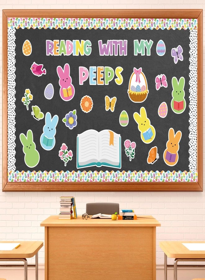 Yopyame 129Pcs Reading with My Peeps Easter Bulletin Board Set Easter Reading Peeps Bunny Book Butterfly Flowers Cutouts Bulletin Board Borders Trim Classroom Sunday School Chalkboard Wall Decoration - Image 1