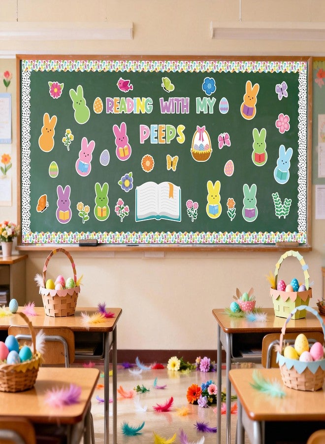 Yopyame 129Pcs Reading with My Peeps Easter Bulletin Board Set Easter Reading Peeps Bunny Book Butterfly Flowers Cutouts Bulletin Board Borders Trim Classroom Sunday School Chalkboard Wall Decoration - Image 5