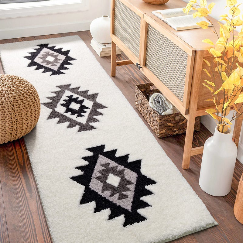 DEXDE Runner Bath Rug 24x60 Inches - Non-Slip Quick Dry Machine Washable Bath Mat, Boho Geometric Absorbent Long Carpet for Bathroom, Black and White - Image 2