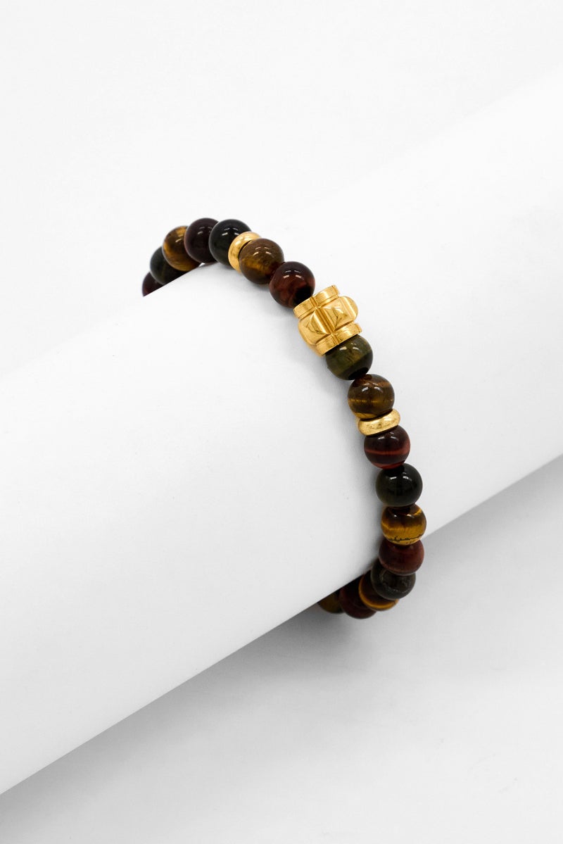 Steeltime Men Tiger Eye Beads Stretch Bracelet, Brown - Image 2