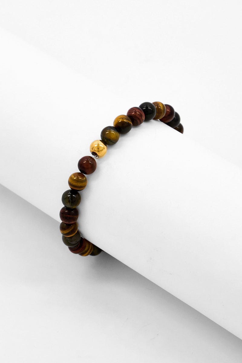 Steeltime Men Tiger Eye Beads Stretch Bracelet, Brown - Image 1