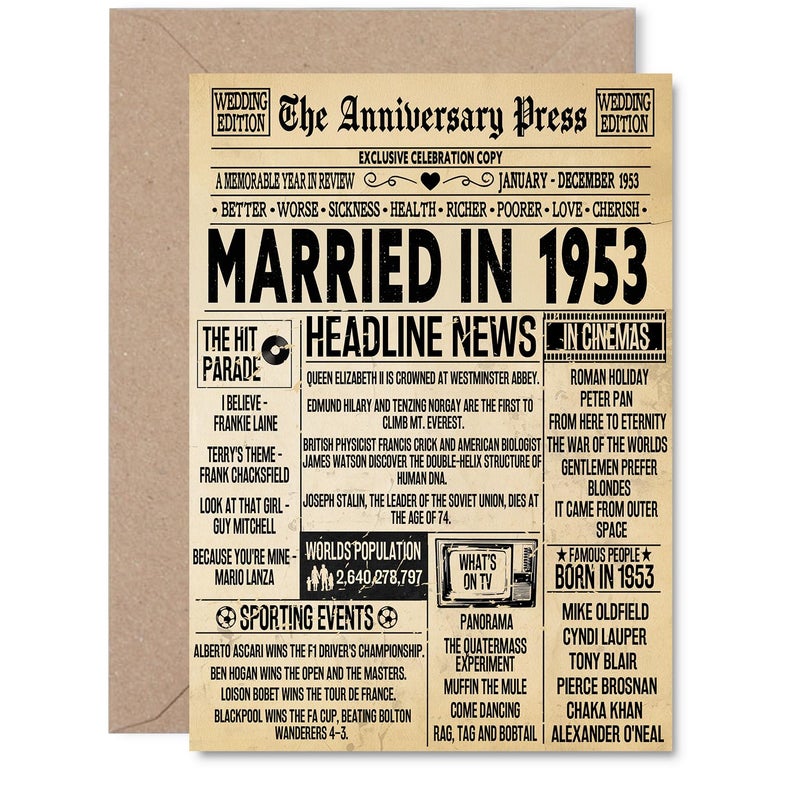Stuff4 73rd Anniversary Card for Men Women - Vintage Newspaper Married in 1953-73 Year Wedding Anniversary Card for Partner Wife Companion Husband  A5 Anniversaries Greeting Cards - Image 1