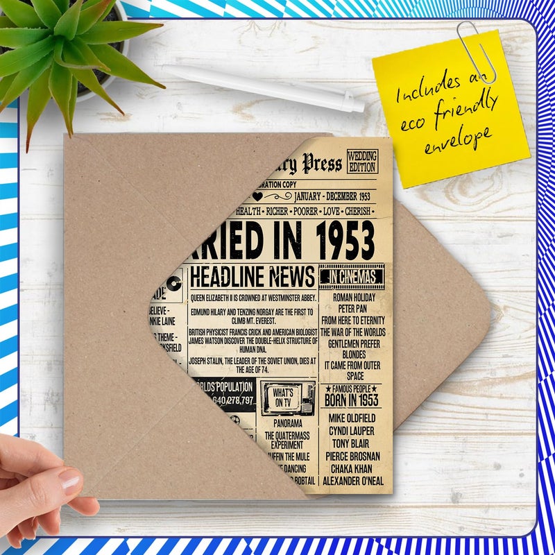 Stuff4 73rd Anniversary Card for Men Women - Vintage Newspaper Married in 1953-73 Year Wedding Anniversary Card for Partner Wife Companion Husband  A5 Anniversaries Greeting Cards - Image 5