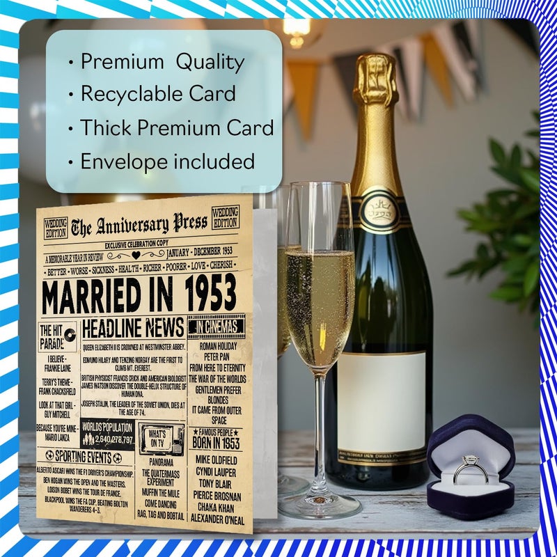 Stuff4 73rd Anniversary Card for Men Women - Vintage Newspaper Married in 1953-73 Year Wedding Anniversary Card for Partner Wife Companion Husband  A5 Anniversaries Greeting Cards - Image 3