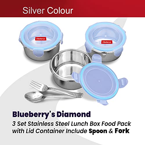 Blueberry's Diamond 3 Set Stainless Steel Lunch Box Food Pack with Lid Container Include Spoon & Fork (3 Set) - Image 3