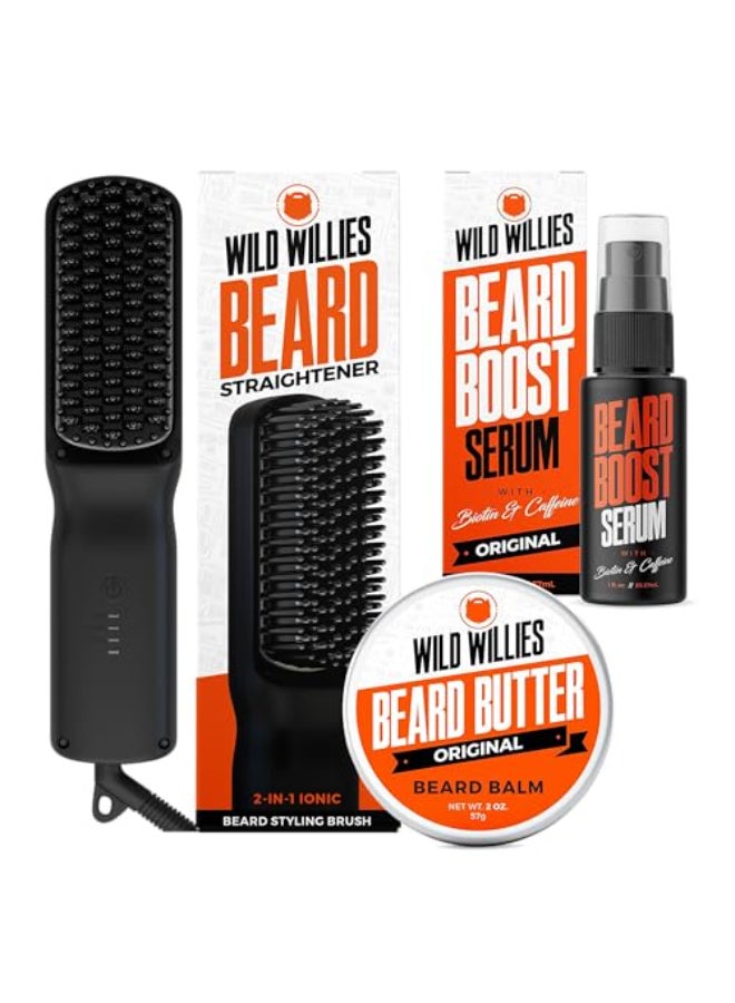 Wild Willies Beard Care Kit Heated Beard Straightener for Men Beard Butter Beard Growth Serum Ultimate Grooming Tool Set Beard Balm Hydrating Serum Hot Comb Beard Brush for Daily Use - Image 1