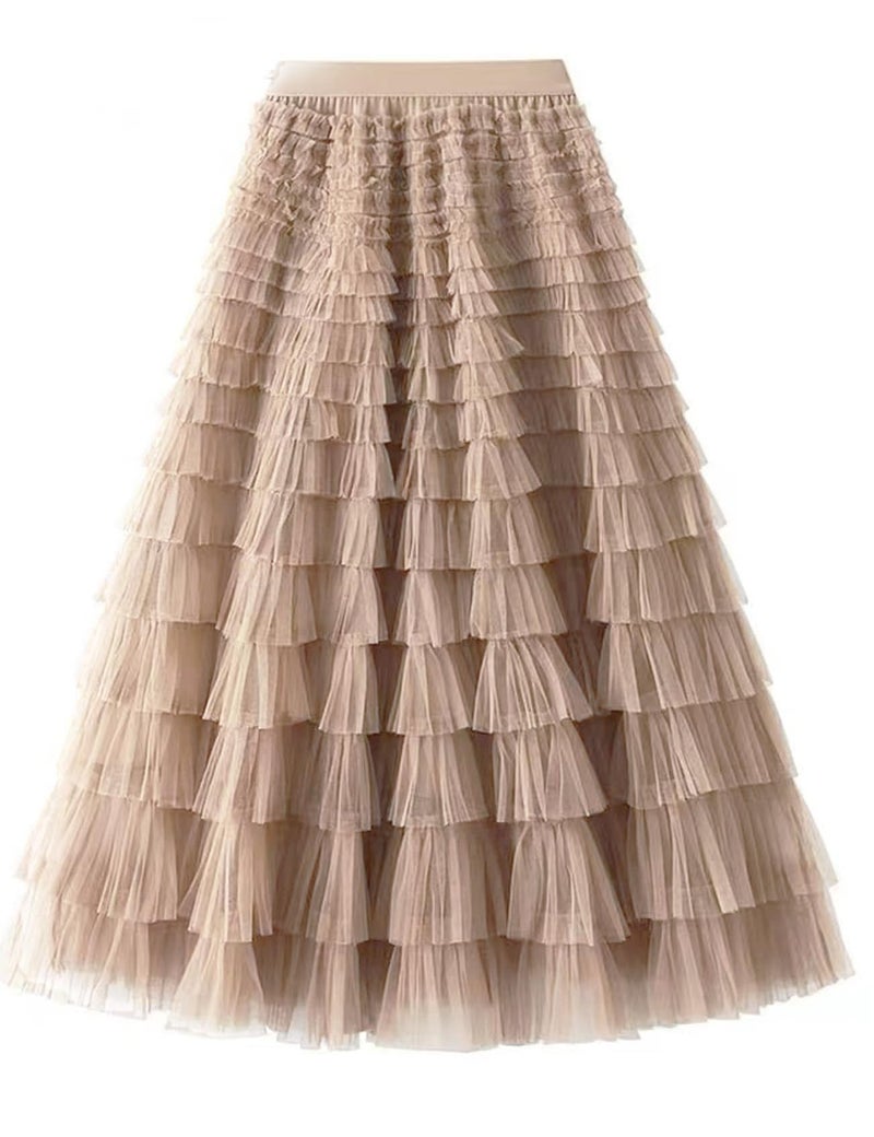 Flygo Women's Long Maxi Tulle Skirts A Line Ruffle High Waisted Tiered Layered Mesh Tutu Skirt Petticoat(Champagne-L) - Image 4