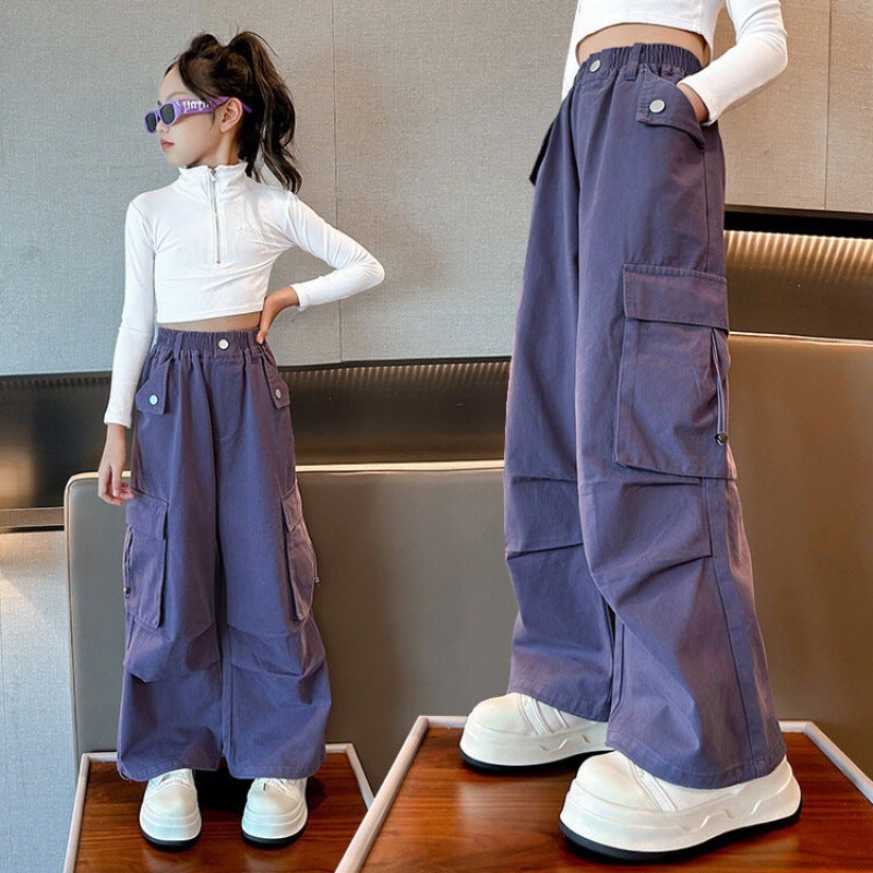 Girls' Overalls Children'S Trendy Cool All-Match Wide-Leg Pants Autumn Girls' Casual Loose Autumn Children'S Pants - Image 1