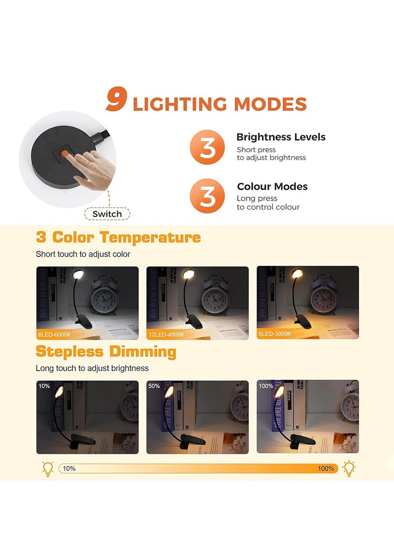 Necomi - Reading Light with Clip, 12 LED Lamp, 3 Color Temperatures, Lightweight Reading Lights for Books in Bed, Up to 60 Hours Eye-Friendly Lighting - Image 1