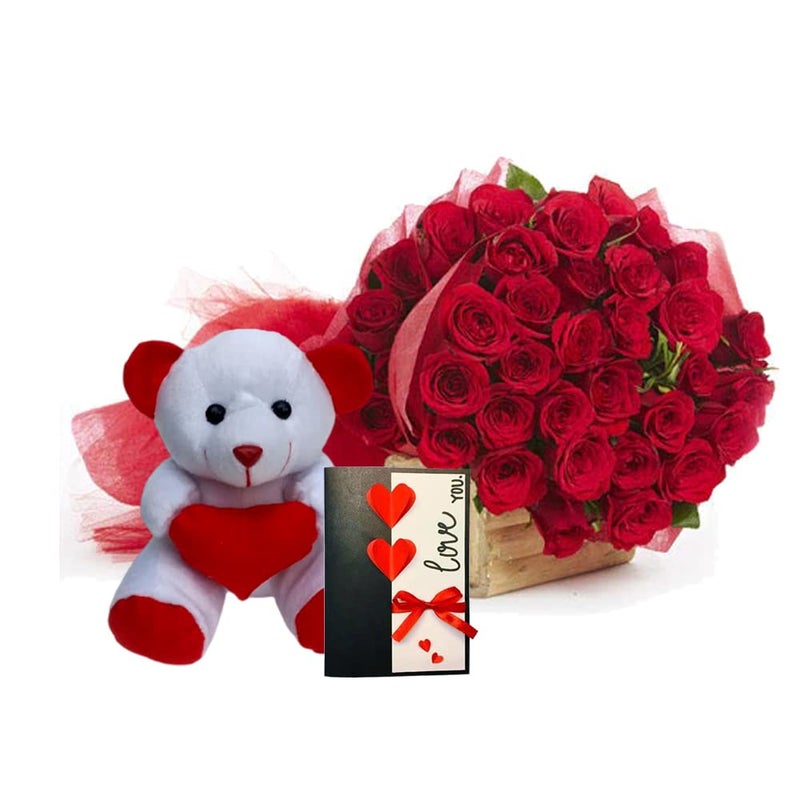 EG2i 50 Red Rose Bouquet with Teddy Bear and Greeting Card Gift for Birthday Mothers Day Gift Anniversary Wedding Husband Wife Girlfriend Boyfriend Valentines Day Same day Delivery - Image 1
