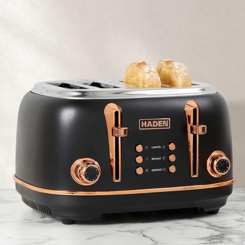 Haden Heritage Black 4 Slice Toaster - Adjustable Browning Control, Reheat and Defrost Functions - Stainless Steel With Self-centring Function - 1370-1630W - Image 2