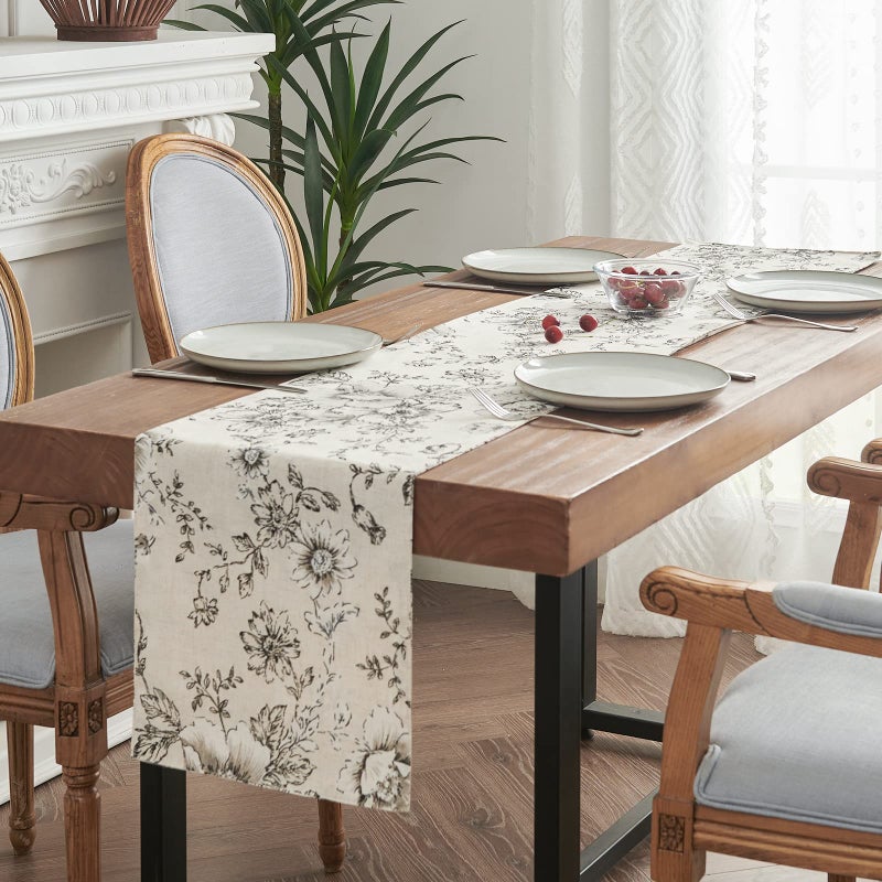 jinchan Floral Linen Table Runner for Kitchen Farmhouse 13 x 72 Inch for Kitchen Island Cloth Dining Table Indoor Outdoor Decor 1 Panel Black on Beige - Image 2