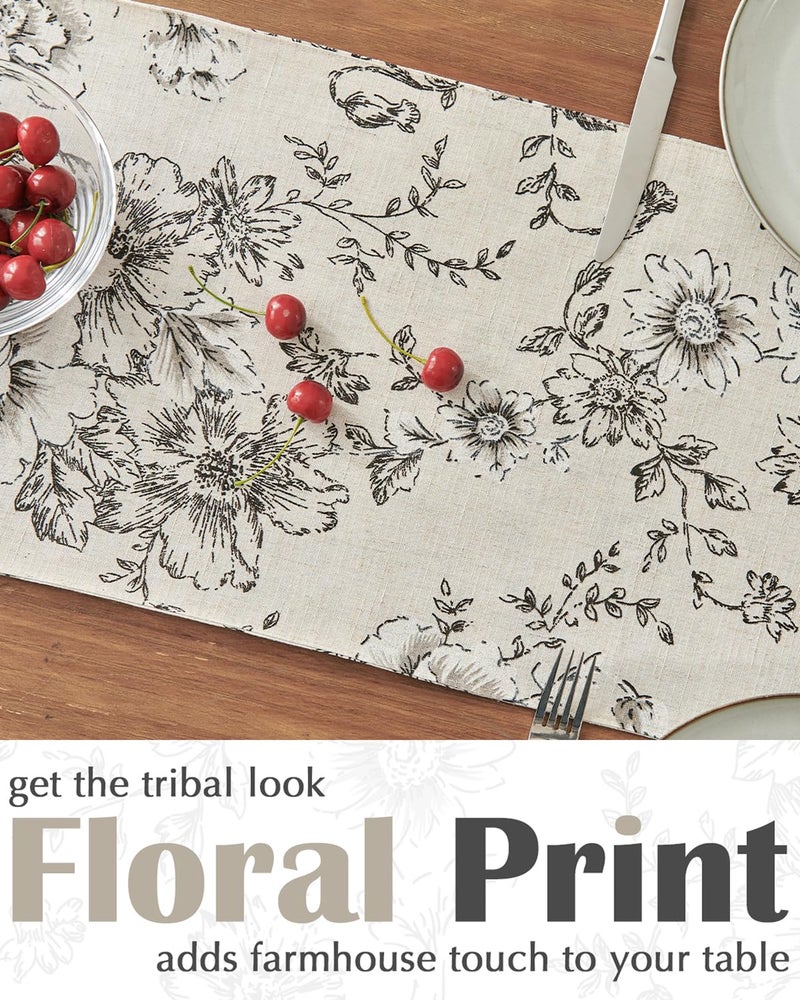 jinchan Floral Linen Table Runner for Kitchen Farmhouse 13 x 72 Inch for Kitchen Island Cloth Dining Table Indoor Outdoor Decor 1 Panel Black on Beige - Image 3
