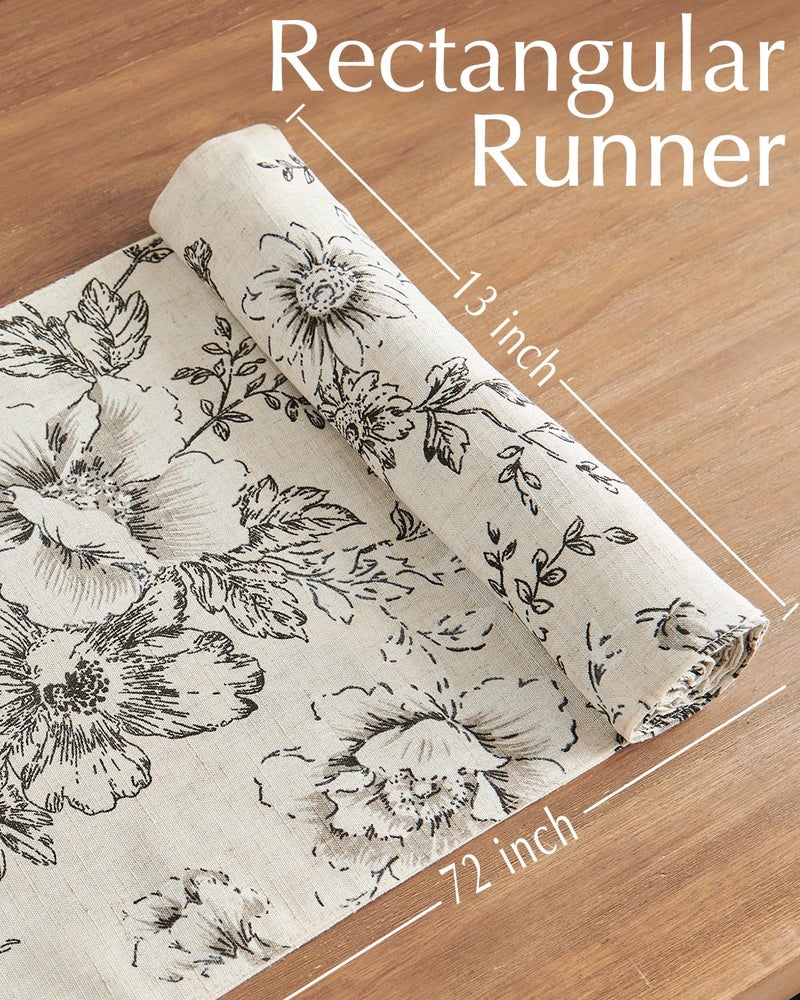 jinchan Floral Linen Table Runner for Kitchen Farmhouse 13 x 72 Inch for Kitchen Island Cloth Dining Table Indoor Outdoor Decor 1 Panel Black on Beige - Image 5