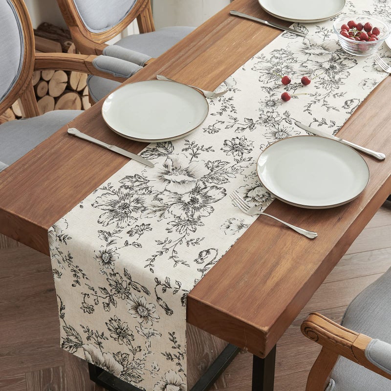 jinchan Floral Linen Table Runner for Kitchen Farmhouse 13 x 72 Inch for Kitchen Island Cloth Dining Table Indoor Outdoor Decor 1 Panel Black on Beige - Image 1