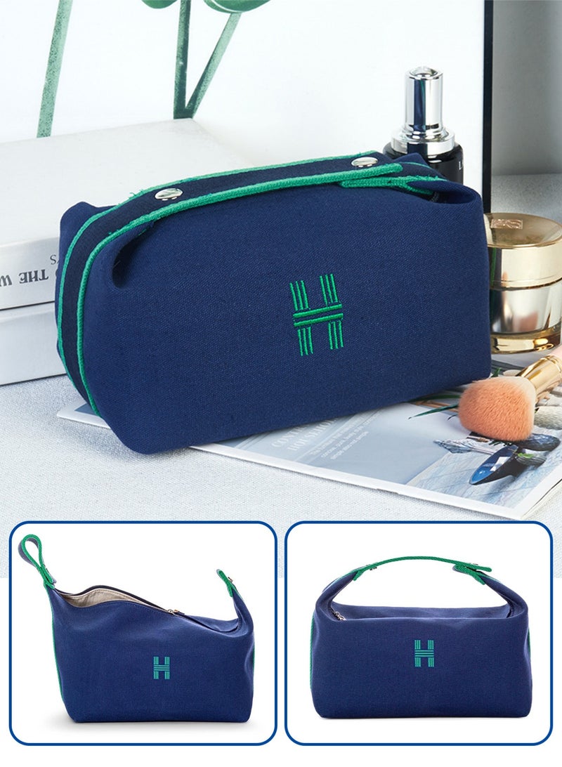 HomarKet Makeup Bag Travel Toiletry Bag, Small Cosmetic Bag Portable Travel Makeup Bag with Handle, Fashion Canvas Makeup Organizer Bag Water Resistant for Women and Girls (Blue) - Image 3
