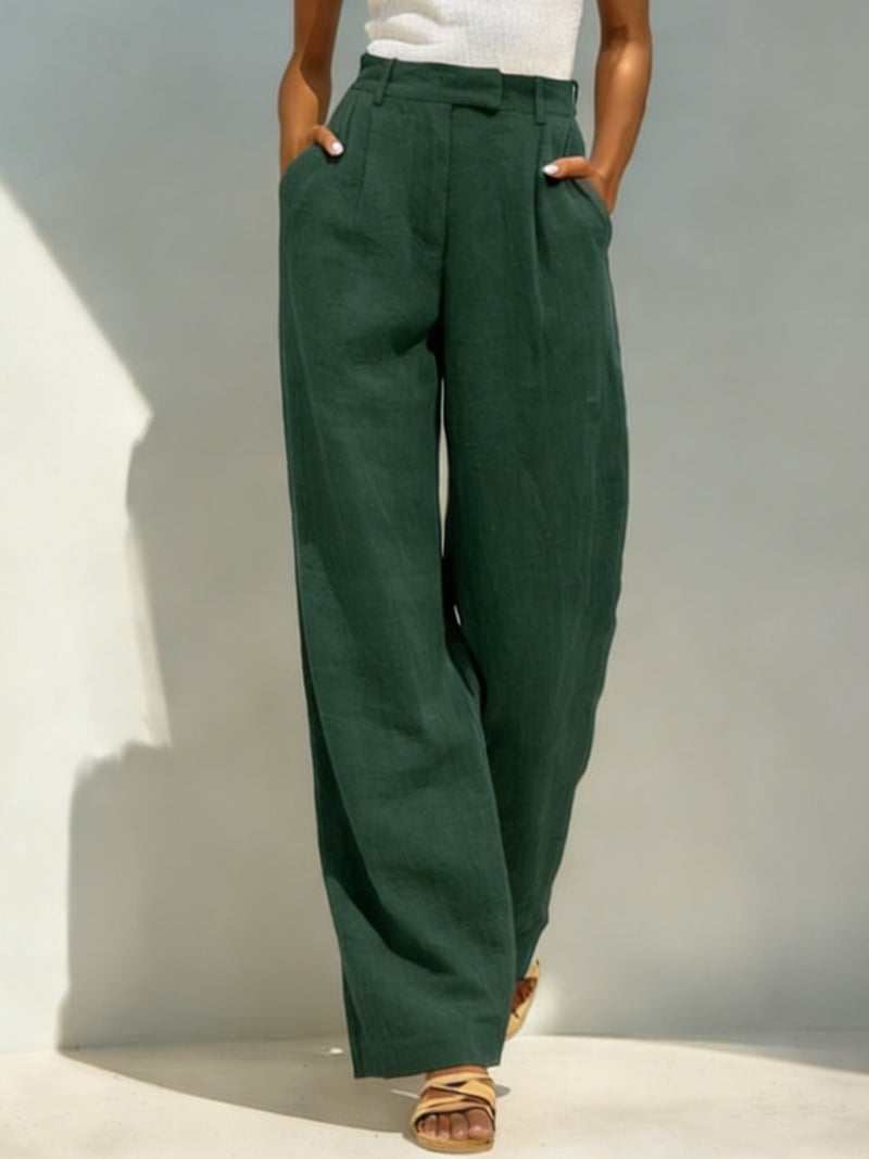 Linen Casual Straight Leg Pants for Women High Waist Elastic Waist Pockets - Image 1