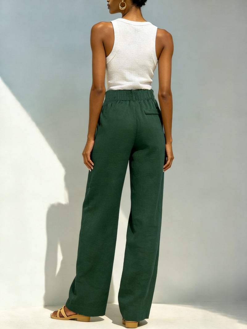 Linen Casual Straight Leg Pants for Women High Waist Elastic Waist Pockets - Image 2