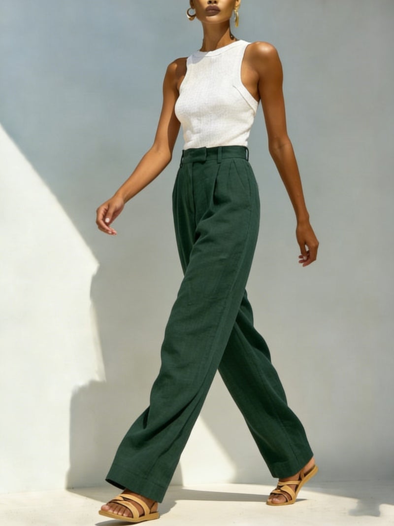 Linen Casual Straight Leg Pants for Women High Waist Elastic Waist Pockets - Image 3