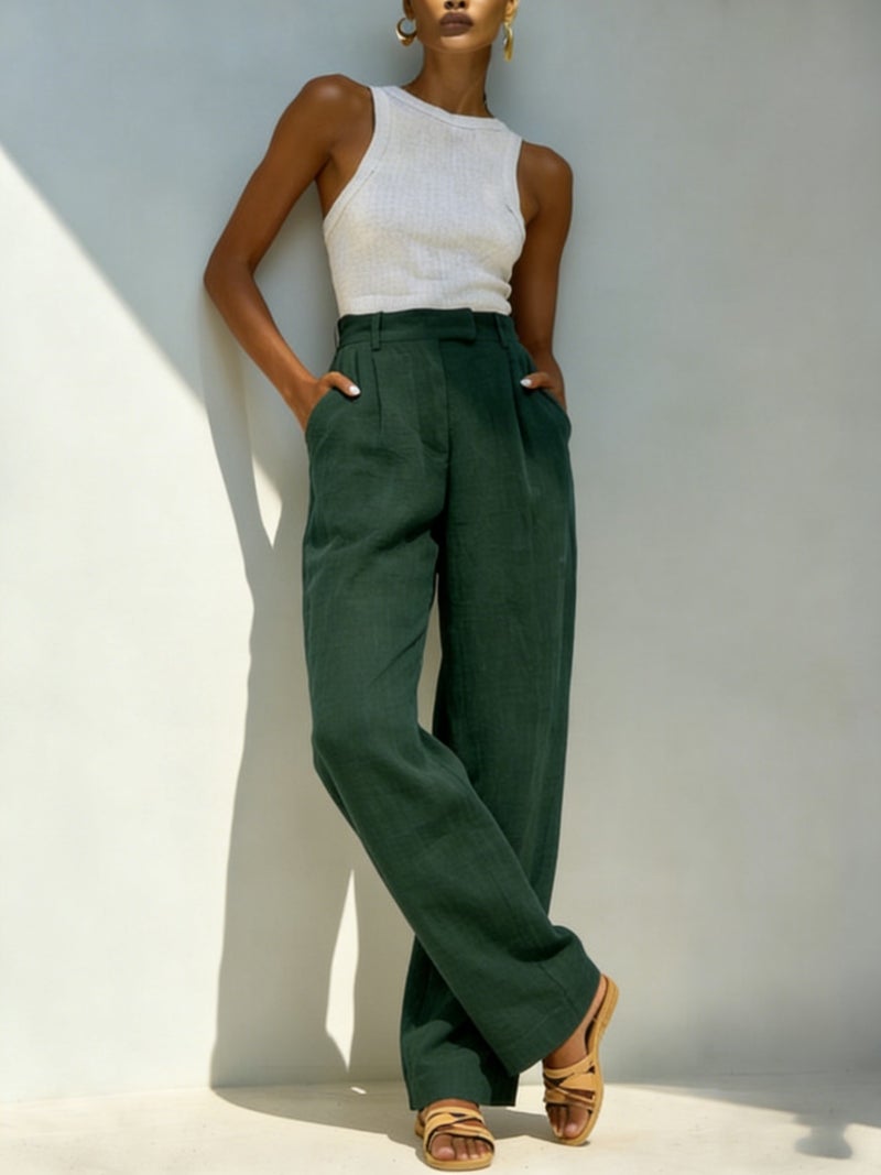Linen Casual Straight Leg Pants for Women High Waist Elastic Waist Pockets - Image 4