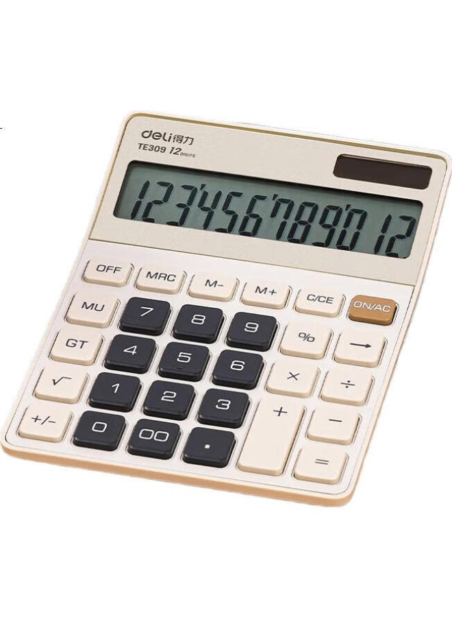 Deli Metal Panel Desktop Calculator, Dual Power Slim And Lightweight Body, Modern Office Style, 12-Digit Large Screen Display, Te309 Light Yellow - Image 1