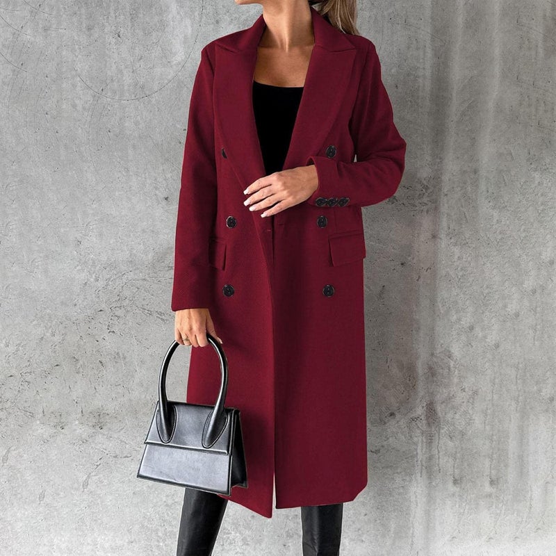 woobles Women's Faux Wool Notch Lapel Double Breasted Trench Belted Mid Long Outwear Winter Coat Slim Long Pea Coat Overcoat X-Large 001-wine - Image 1