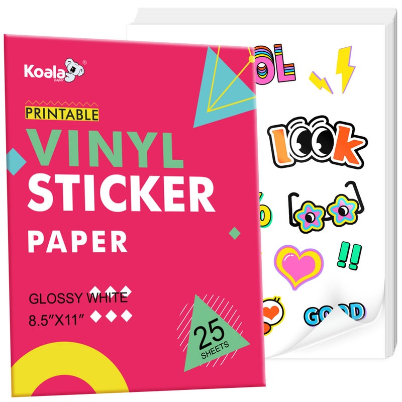 KOALA PAPER ورق ملصقات فينيل قابل للطباعة من كوالا لطابعات الحبر وطابعات الليزر، 25 ورقة ورق ملصقات لامع أبيض مقاوم للماء، 8.5x11 بوصة ورق طابعة ملصقات لطباعة ملصقاتك الخاصة - Image 1