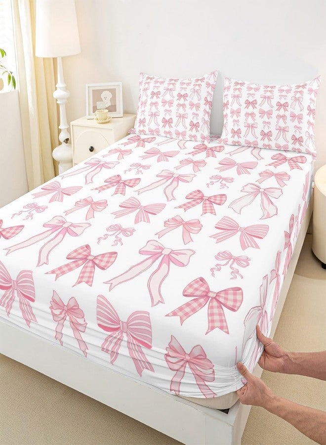 Man Fei Manfei Bowknot Kids Fitted Sheet Twin Size, Kawaii Pink Bow Tie Bedding Set for Girls Princess Room Decor, Cute Bow Print Bed Cover with 1 Pillowcase, Soft Polyester Bedding, No Top Sheet - Image 3