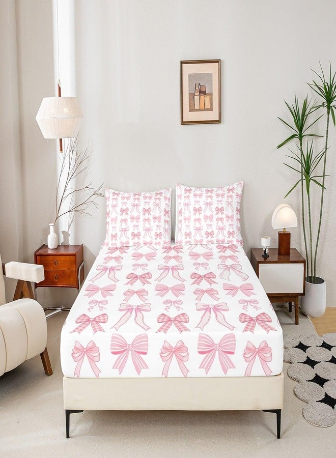 Man Fei Manfei Bowknot Kids Fitted Sheet Twin Size, Kawaii Pink Bow Tie Bedding Set for Girls Princess Room Decor, Cute Bow Print Bed Cover with 1 Pillowcase, Soft Polyester Bedding, No Top Sheet - Image 5