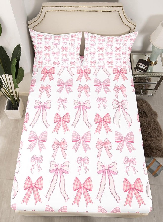 Man Fei Manfei Bowknot Kids Fitted Sheet Twin Size, Kawaii Pink Bow Tie Bedding Set for Girls Princess Room Decor, Cute Bow Print Bed Cover with 1 Pillowcase, Soft Polyester Bedding, No Top Sheet - Image 4