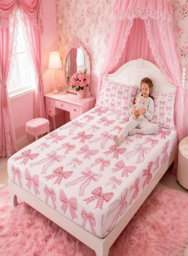 Man Fei Manfei Bowknot Kids Fitted Sheet Twin Size, Kawaii Pink Bow Tie Bedding Set for Girls Princess Room Decor, Cute Bow Print Bed Cover with 1 Pillowcase, Soft Polyester Bedding, No Top Sheet - Image 1