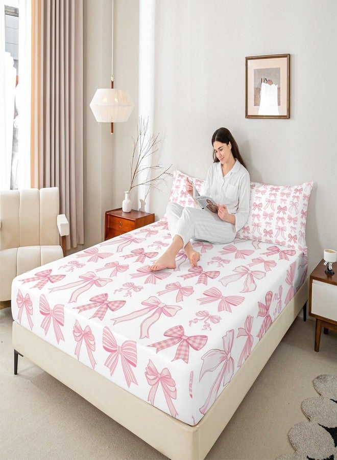 Man Fei Manfei Bowknot Kids Fitted Sheet Twin Size, Kawaii Pink Bow Tie Bedding Set for Girls Princess Room Decor, Cute Bow Print Bed Cover with 1 Pillowcase, Soft Polyester Bedding, No Top Sheet - Image 2