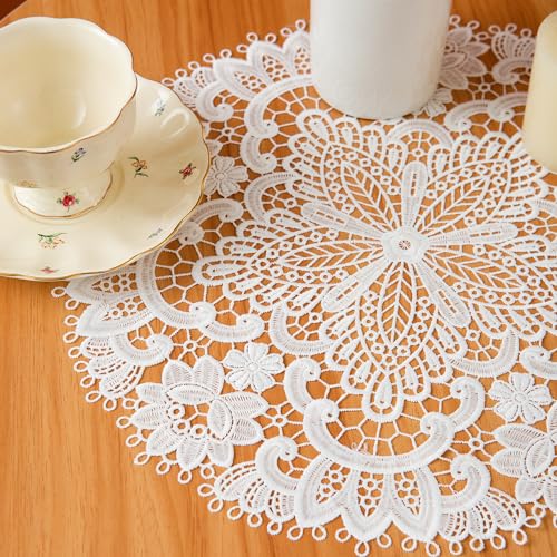 VIRFONOR 2pack Round Lace Placemats for Dining Table,15inch Delicate Floret Embroidered Lace Doilies vase mat for Christmas Daily Use, Washable (White Round 15inch) - Image 2