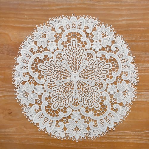 VIRFONOR 2pack Round Lace Placemats for Dining Table,15inch Delicate Floret Embroidered Lace Doilies vase mat for Christmas Daily Use, Washable (White Round 15inch) - Image 1